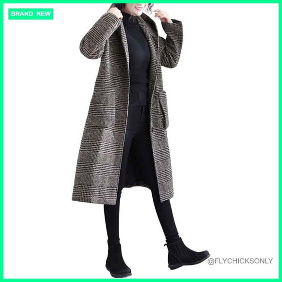 Women's Wool Blend Long Hooded Coat with Houndstooth Plaid Pattern